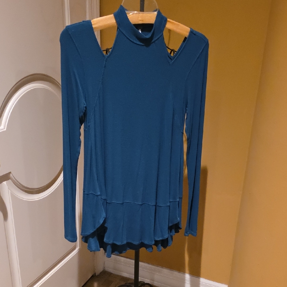 Free People Teal Cutout Knit Sweater Top, Medium